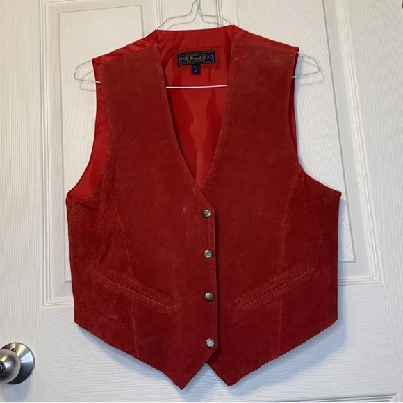 YS Point Le Vintage Red Leather Suede Button Front Tie Back Vest Waistcoat Large - Picture 1 of 6
